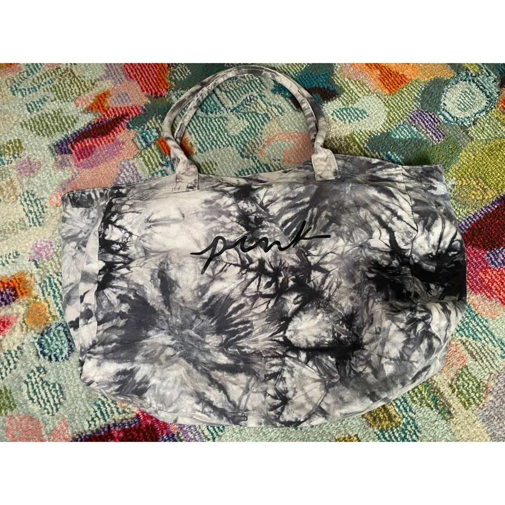 Victorias Secret PINK Tie Dye Canvas Tote Bag Black White Large Beach Travel Bag